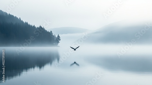 A single bird flies low over a still lake, its reflection mirrored in the water, surrounded by a misty morning landscape.