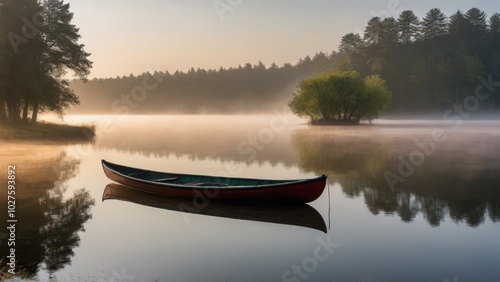 A peaceful lake surrounded by autumn trees, with a gentle layer of fog drifting across the water at sunrise. The stillness of the water perfectly reflects the colorful trees, creating a serene and cal