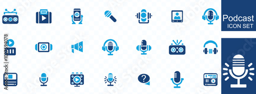 Podcast icon collection. Containing audio, microphone, record, podcasting, broadcasting and entertainment icons. Solid icon set