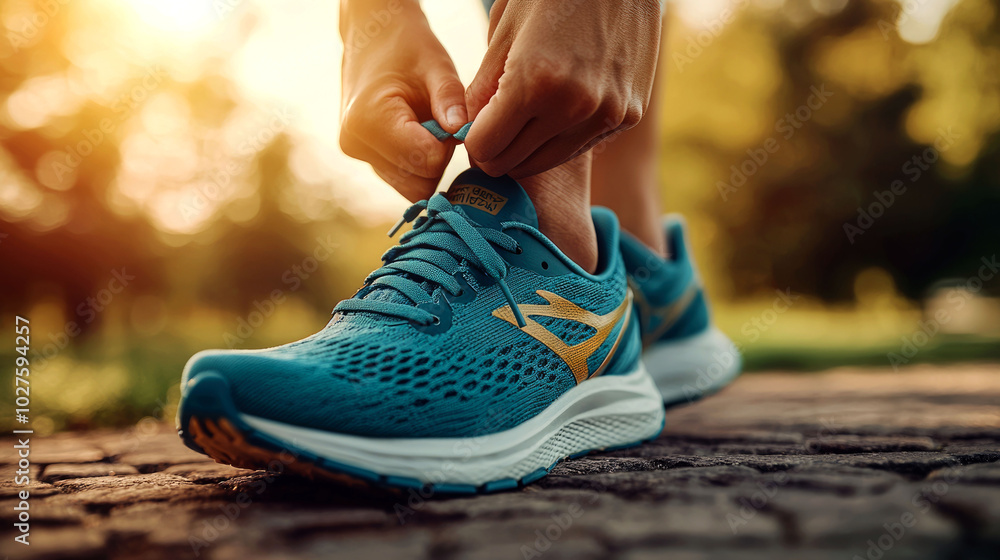 Person tying shoelaces on running shoes outdoors. Person tying shoelaces on running shoes outdoors.