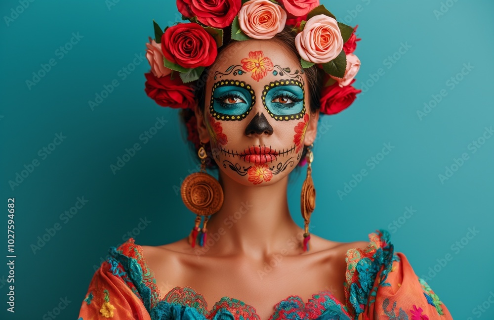 Fototapeta premium A young girl with detailed skeleton makeup for Mexico's Day of the Dead (El Dia de Muertos).