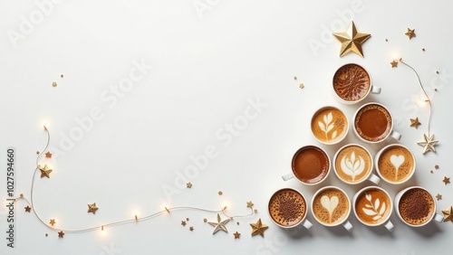  creative unusual Christmas tree made of coffee cups on white wooden table, festive decorated background with lights - coffee decorations, holiday season festive ambiance, coffee shop, cafe.