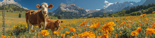A brown mother cow stands protectively behind her brown-and-white calf in a lush meadow full of colorful Swiss wildflowers. The curious calf looks directly into the camera. 