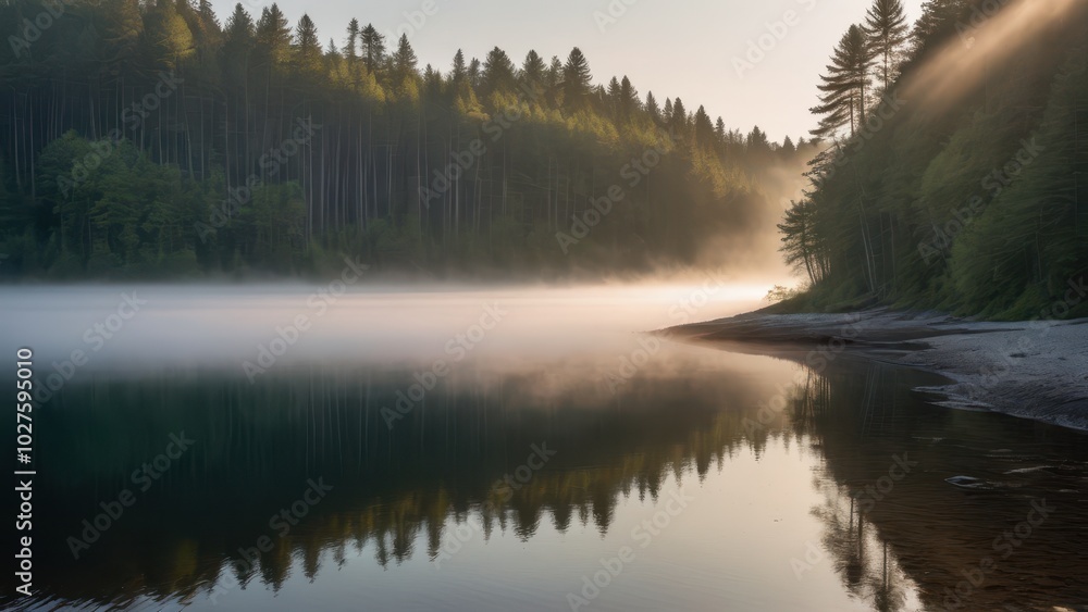 Fototapeta premium A mist-covered lake bordered by a forest, with the morning sun softly illuminating the fog and casting golden light across the water. The stillness of the scene and the reflection of the trees enhance