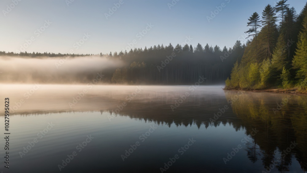 A mist-covered lake bordered by a forest, with the morning sun softly illuminating the fog and casting golden light across the water. The stillness of the scene and the reflection of the trees enhance A mist-covered lake bordered by a forest, with the morning sun softly illuminating the fog and casting golden light across the water. The stillness of the scene and the reflection of the trees enhance