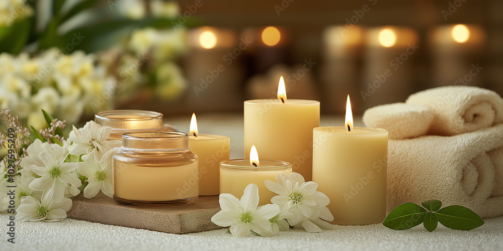A calming display of lit candles surrounds fresh white flowers and rolled towels on a textured surface, ideal for evoking peace and self-care reflection. A calming display of lit candles surrounds fresh white flowers and rolled towels on a textured surface, ideal for evoking peace and self-care reflection.