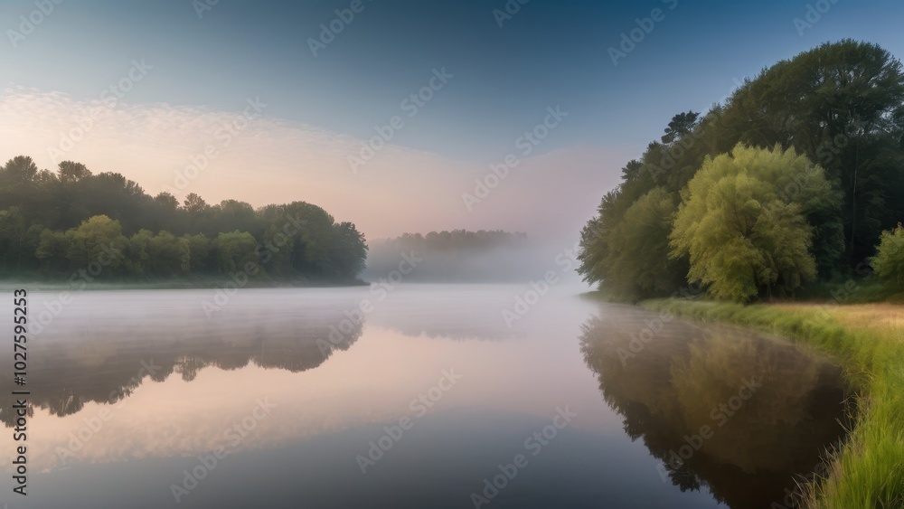 Soft fog rolls over a still river at dawn, with the golden morning light filtering through the trees. The quiet reflection of the forest on the water enhances the tranquility of this peaceful, mist-co Soft fog rolls over a still river at dawn, with the golden morning light filtering through the trees. The quiet reflection of the forest on the water enhances the tranquility of this peaceful, mist-co