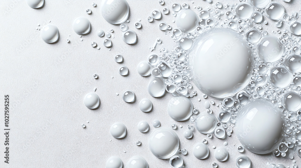 Water droplets on a white background, creating a refreshing and clean aesthetic. Water droplets on a white background, creating a refreshing and clean aesthetic.