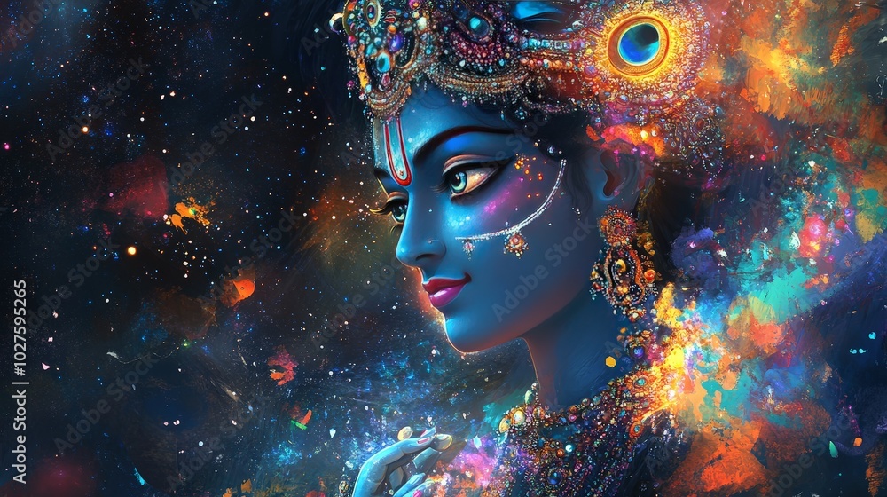 A digital painting of Krishna with a cosmic background, blending traditional iconography with modern digital techniques A digital painting of Krishna with a cosmic background, blending traditional iconography with modern digital techniques