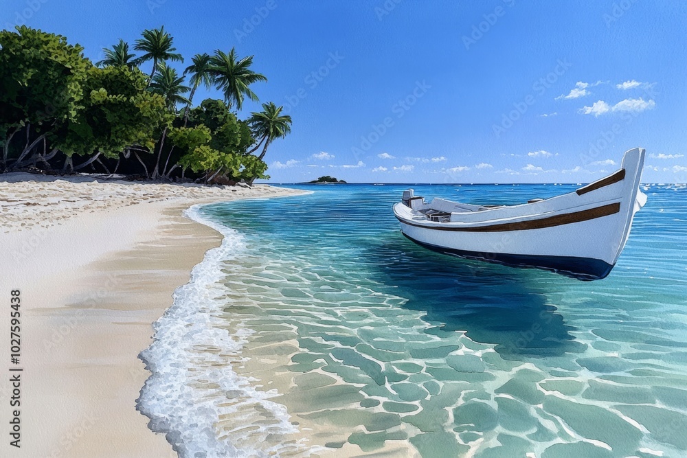 Obraz premium Watercolor depiction of a yacht anchored near a tropical island, with soft waves lapping against the hull and palm trees in the background, creating a relaxed, dreamy atmosphere