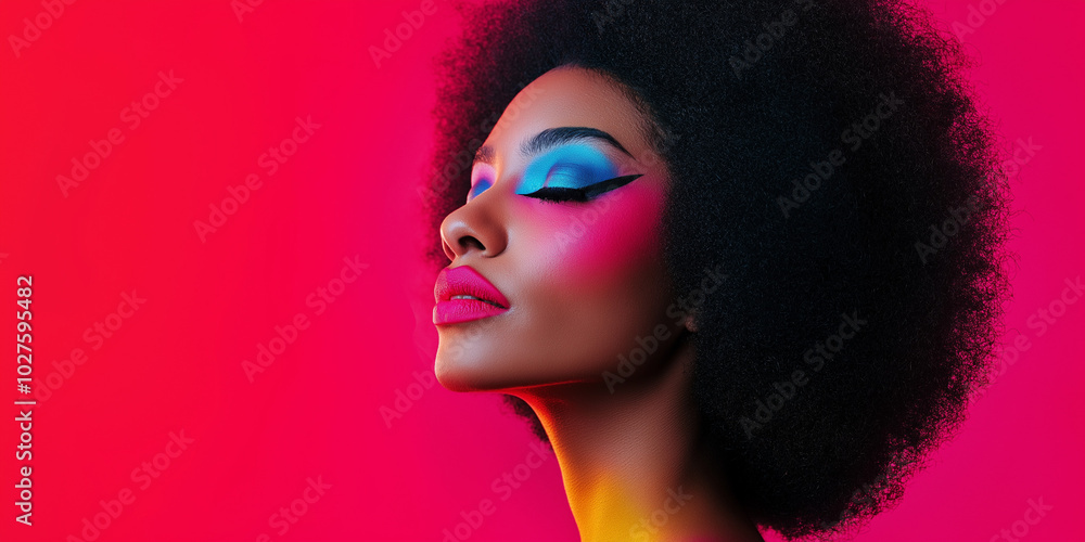 An artistic portrait of a woman with bold and colorful makeup against a vivid background, showcasing a striking display of creativity and self-expression. An artistic portrait of a woman with bold and colorful makeup against a vivid background, showcasing a striking display of creativity and self-expression.