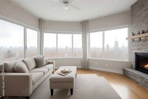 Wallpaper Mural Warm, inviting living room with evening city view. Torontodigital.ca