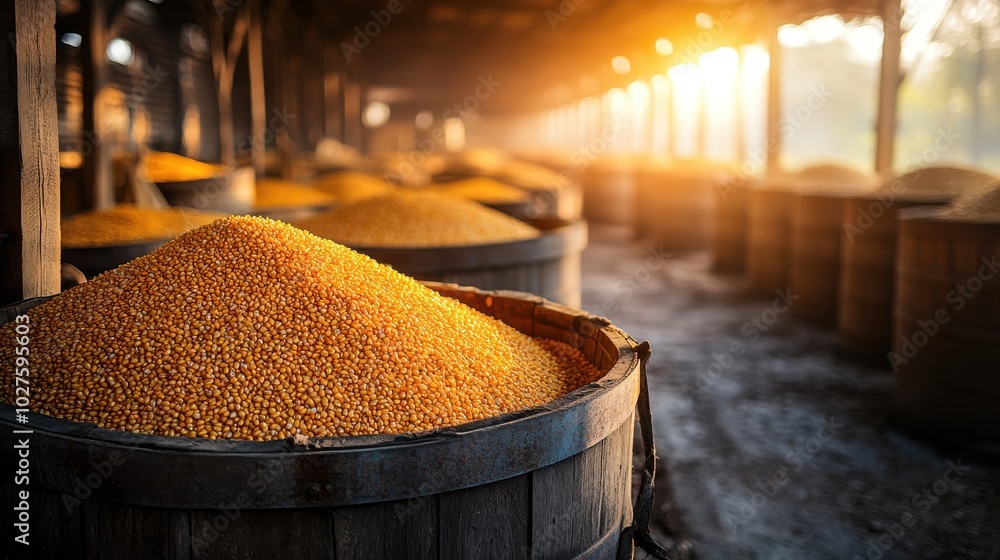 Wooden barrels of grain and corn in storage hall at sunrise, agricultural scene Wooden barrels of grain and corn in storage hall at sunrise, agricultural scene