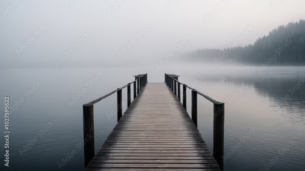 Fototapeta premium A wooden pier stretches into the mist over a calm, fog-covered lake. The peaceful atmosphere and still water create a sense of solitude and tranquility in this ethereal landscape