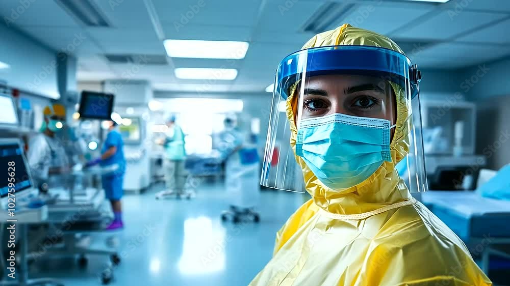Healthcare professional in protective gear, smiling behind a face shield and mask Healthcare professional in protective gear, smiling behind a face shield and mask