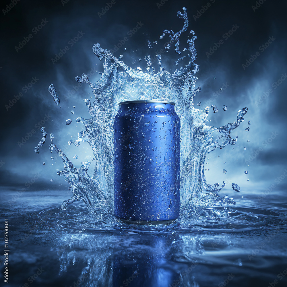 Blue Soda Can With Splash Effect in Artistic 3D Style Blue Soda Can With Splash Effect in Artistic 3D Style
