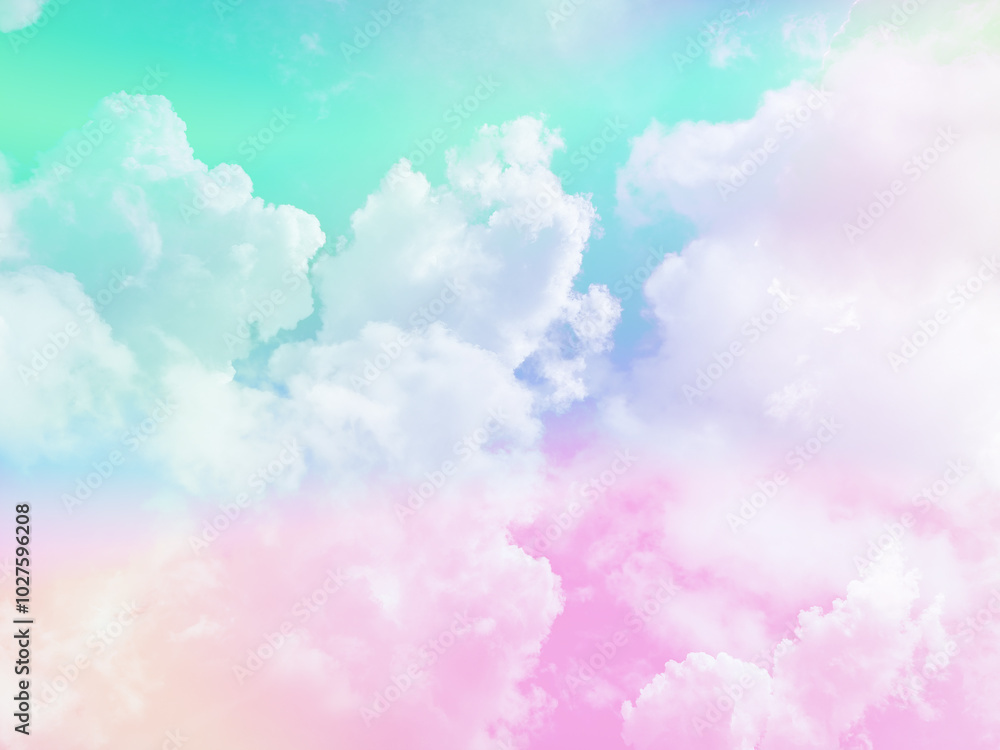 beauty sweet pastel green and pink colorful with fluffy clouds on sky. multi color rainbow image. abstract fantasy growing light