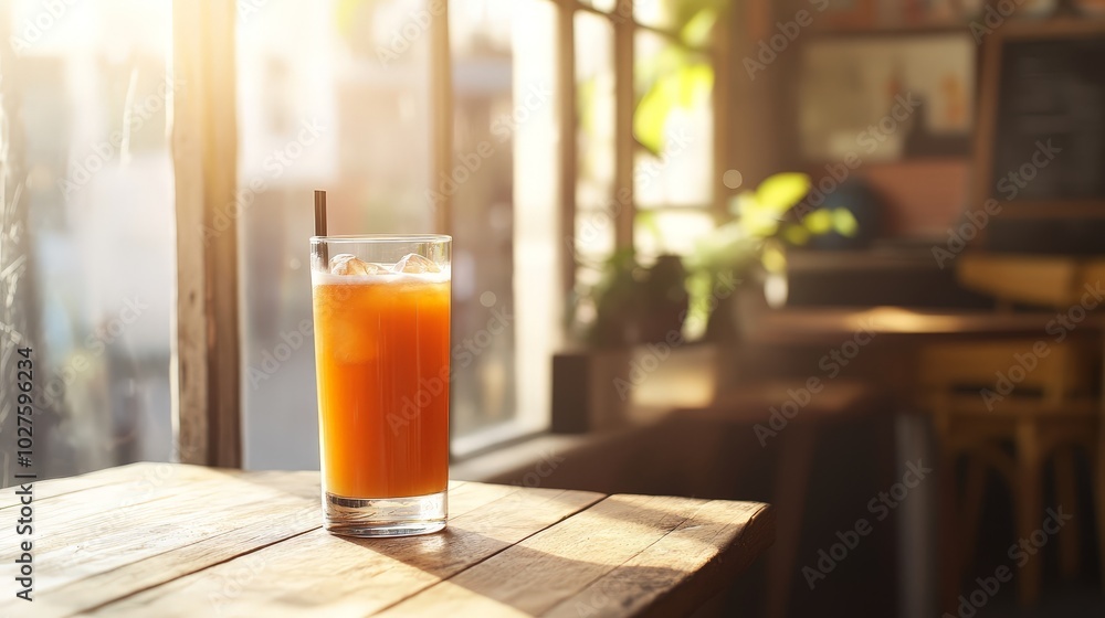 A drink resting on a wooden table in a cozy with sunlight streaming through a window A drink resting on a wooden table in a cozy with sunlight streaming through a window