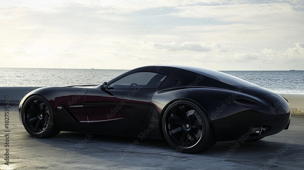 black modern car. with burgundy details. There is a sea in the background. has a cool image. It was a sports car with 4 doors. black modern car. with burgundy details. There is a sea in the background. has a cool image. It was a sports car with 4 doors.