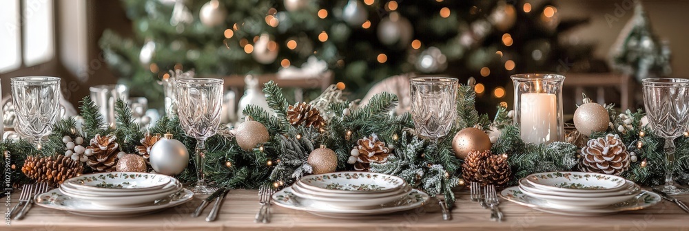 A beautifully set dining table displays elegant plates and glassware, complimented by pine, cones, and ornaments, with a glowing Christmas tree in the background A beautifully set dining table displays elegant plates and glassware, complimented by pine, cones, and ornaments, with a glowing Christmas tree in the background