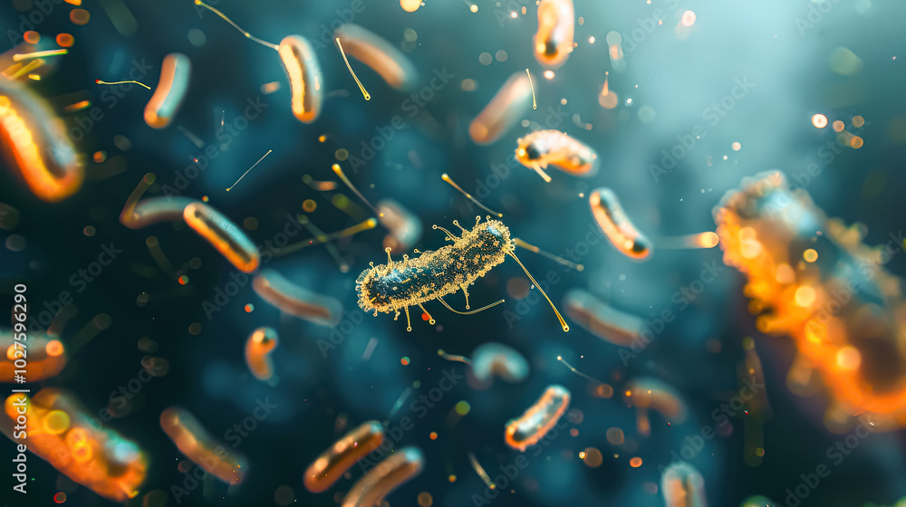 Close up of a bunch of bacteria with one of them being a large one. The bacteria are floating in the air and are surrounded by a blue background Close up of a bunch of bacteria with one of them being a large one. The bacteria are floating in the air and are surrounded by a blue background