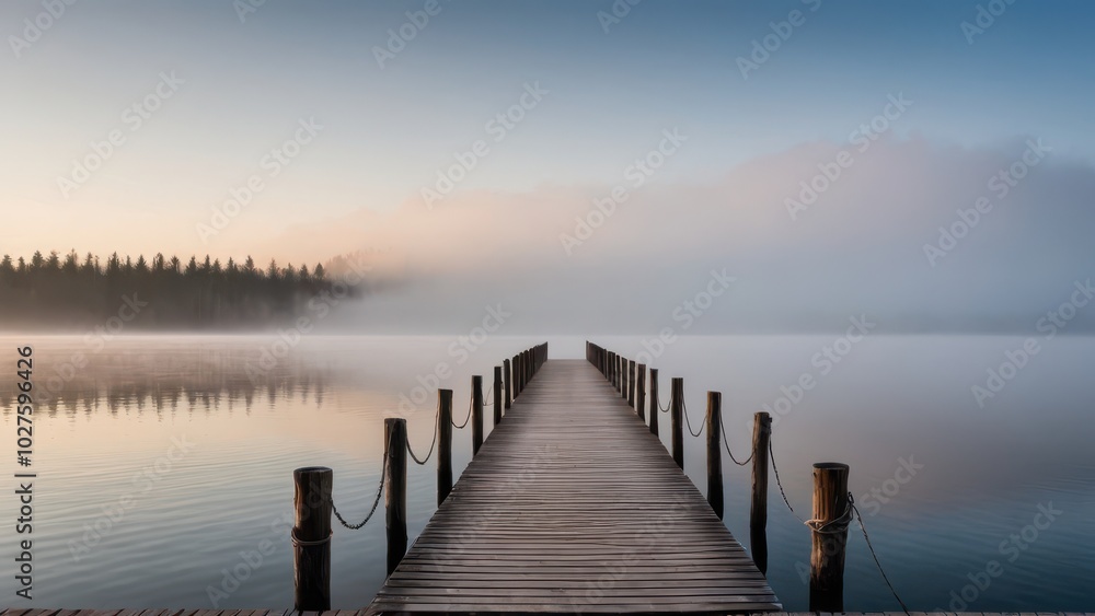 A wooden pier stretches into the mist over a calm, fog-covered lake. The peaceful atmosphere and still water create a sense of solitude and tranquility in this ethereal landscape A wooden pier stretches into the mist over a calm, fog-covered lake. The peaceful atmosphere and still water create a sense of solitude and tranquility in this ethereal landscape