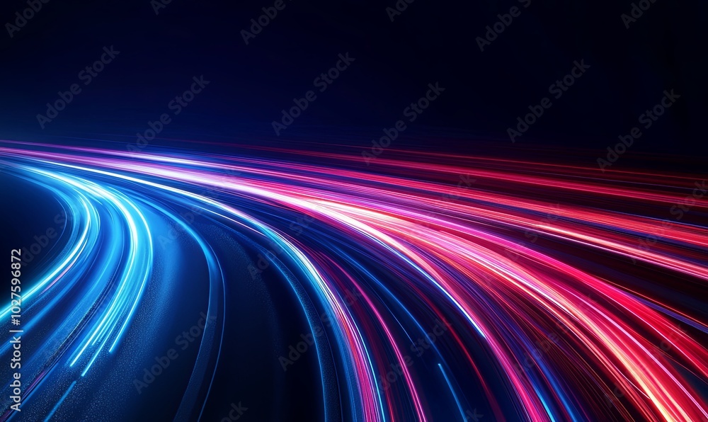 Abstract light trails in red, white, and blue streaks on a dark background, representing speed, motion, and the future. Abstract light trails in red, white, and blue streaks on a dark background, representing speed, motion, and the future.