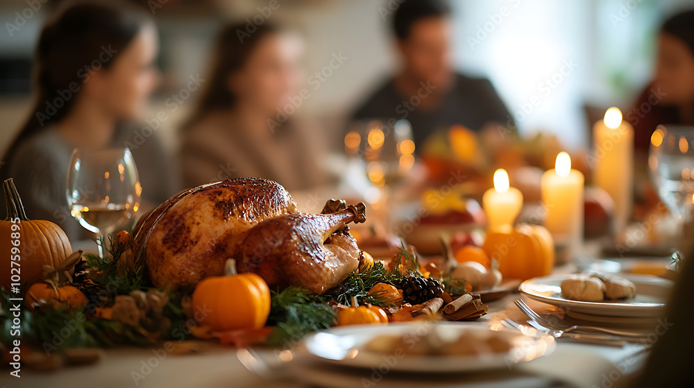 family gathered around a Thanksgiving dinner table, autumn decorations family gathered around a Thanksgiving dinner table, autumn decorations
