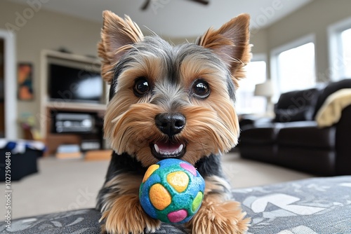 Yorkshire Terrier playing with a chew toy in a living room, energetically tugging at the toy with its small but determined jaws, showing its playful and feisty character photo