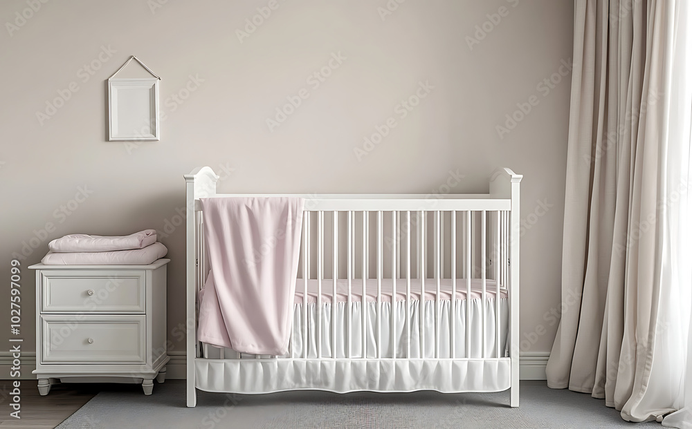 A white baby crib with pink sheets in the corner of an empty nursery room A white baby crib with pink sheets in the corner of an empty nursery room