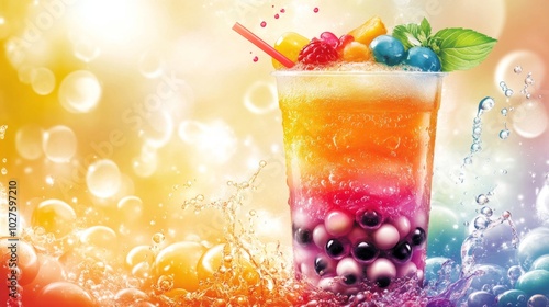 Colorful Refreshing Beverage with Fruits and Bubbles