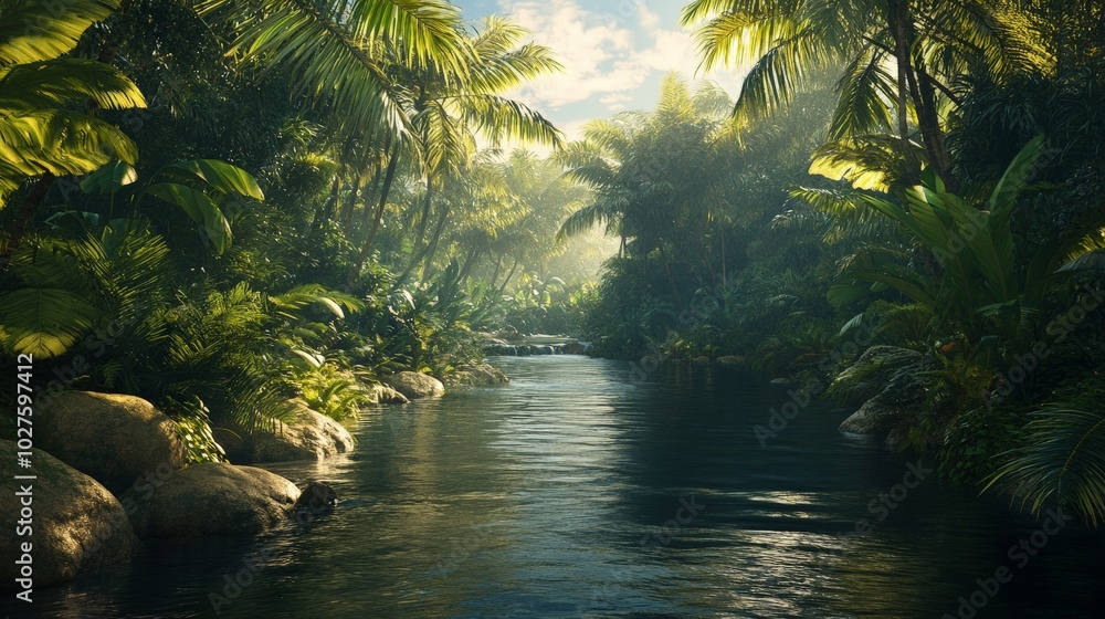 Serene Tropical River Flowing Through Lush Jungle Landscape Serene Tropical River Flowing Through Lush Jungle Landscape