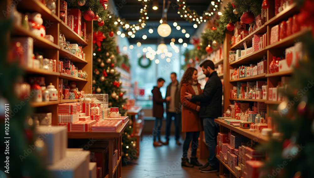 Couples Enjoying Cozy Holiday Shopping Together in a Festive Gift Shop Adorned With Christmas Decorations and Twinkling Lights During Winter Evenings of Joyful Moments Couples Enjoying Cozy Holiday Shopping Together in a Festive Gift Shop Adorned With Christmas Decorations and Twinkling Lights During Winter Evenings of Joyful Moments