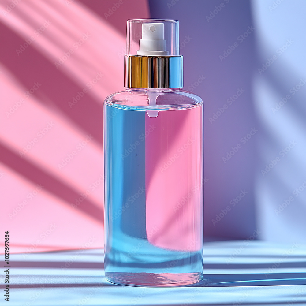 Glass bottle with blue liquid and a spray nozzle on a pink and blue background with sun reflections. Glass bottle with blue liquid and a spray nozzle on a pink and blue background with sun reflections.
