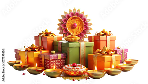 3d rendered Diwali with gift boxes and decorations
on a transparent background