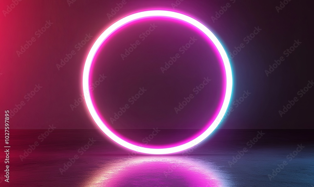 A glowing pink and blue neon circle against a dark background with a reflection on the floor. A glowing pink and blue neon circle against a dark background with a reflection on the floor.