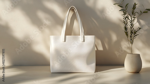 A hiper realistic photograpfy of an white tote bag, in a neutral background photo