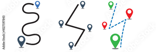 Two red location pin icons, one at the top left corner and the other at the bottom right corner. Between these two pins, there's a black dashed line forming a meandering path