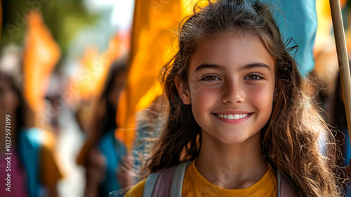 Smiling girl with flags at a festive event.