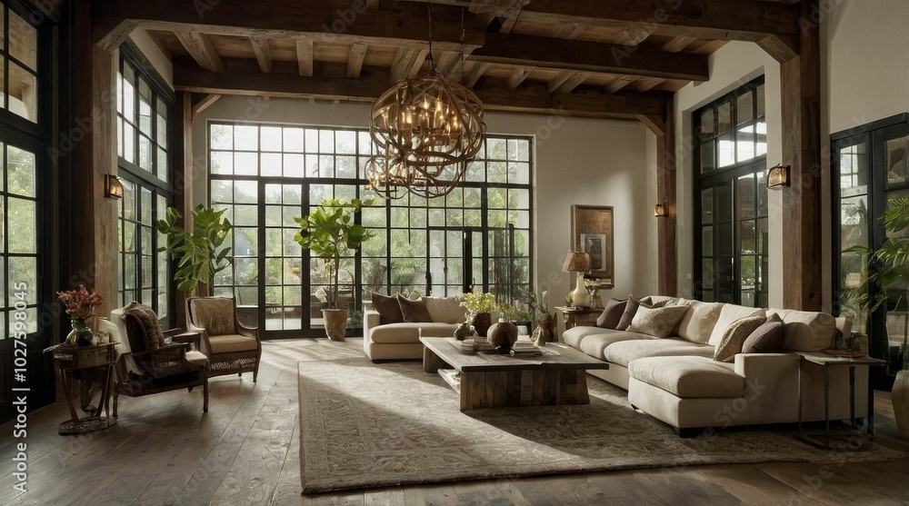 Fototapeta premium interior space with a high ceiling and exposed wooden beams
