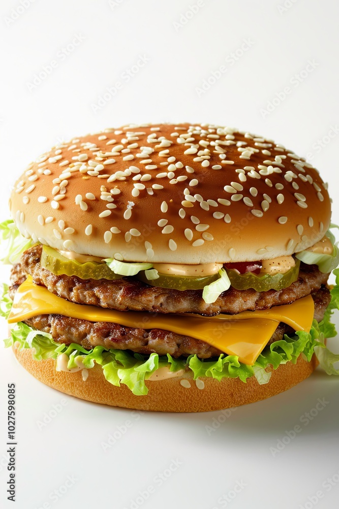 Close-up of a delicious double cheeseburger with lettuce, pickles, and a sesame seed bun. Close-up of a delicious double cheeseburger with lettuce, pickles, and a sesame seed bun.