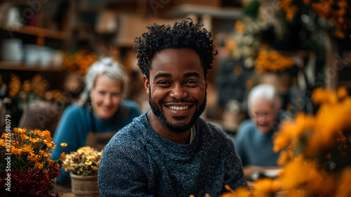 Smiling man in a flower shop surrounded by blooms.