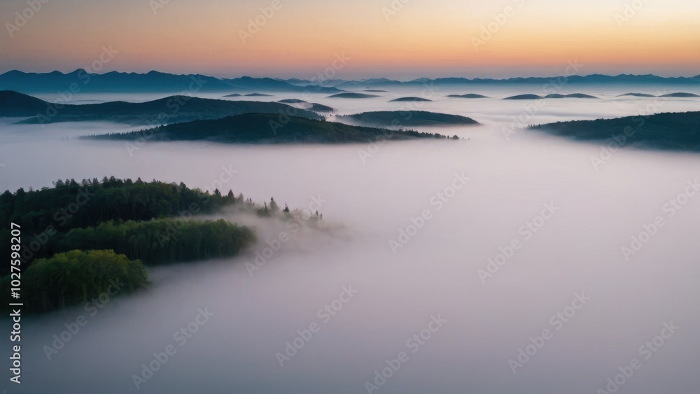 A breathtaking aerial view of islands covered in dense forest, surrounded by thick layers of fog floating over a serene lake. The mist blankets the valleys between the hills, creating a surreal, other A breathtaking aerial view of islands covered in dense forest, surrounded by thick layers of fog floating over a serene lake. The mist blankets the valleys between the hills, creating a surreal, other