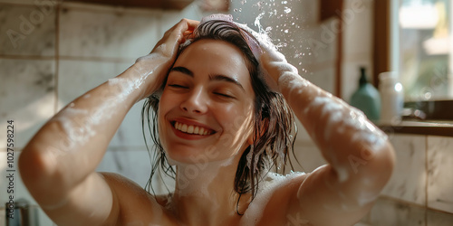 A joyful woman gleefully takes a shower, her hair soaked, with soap suds visible, embodying a refreshing start and vitality in a tiled bathroom setting.