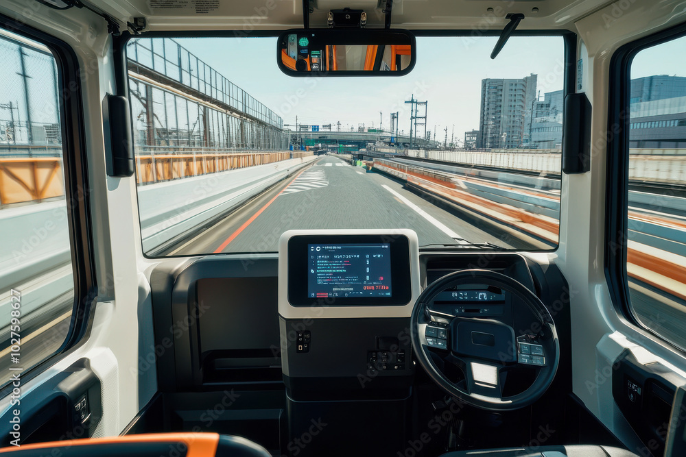 Interior of electric delivery van driving on Tokyo highway, digital display Interior of electric delivery van driving on Tokyo highway, digital display