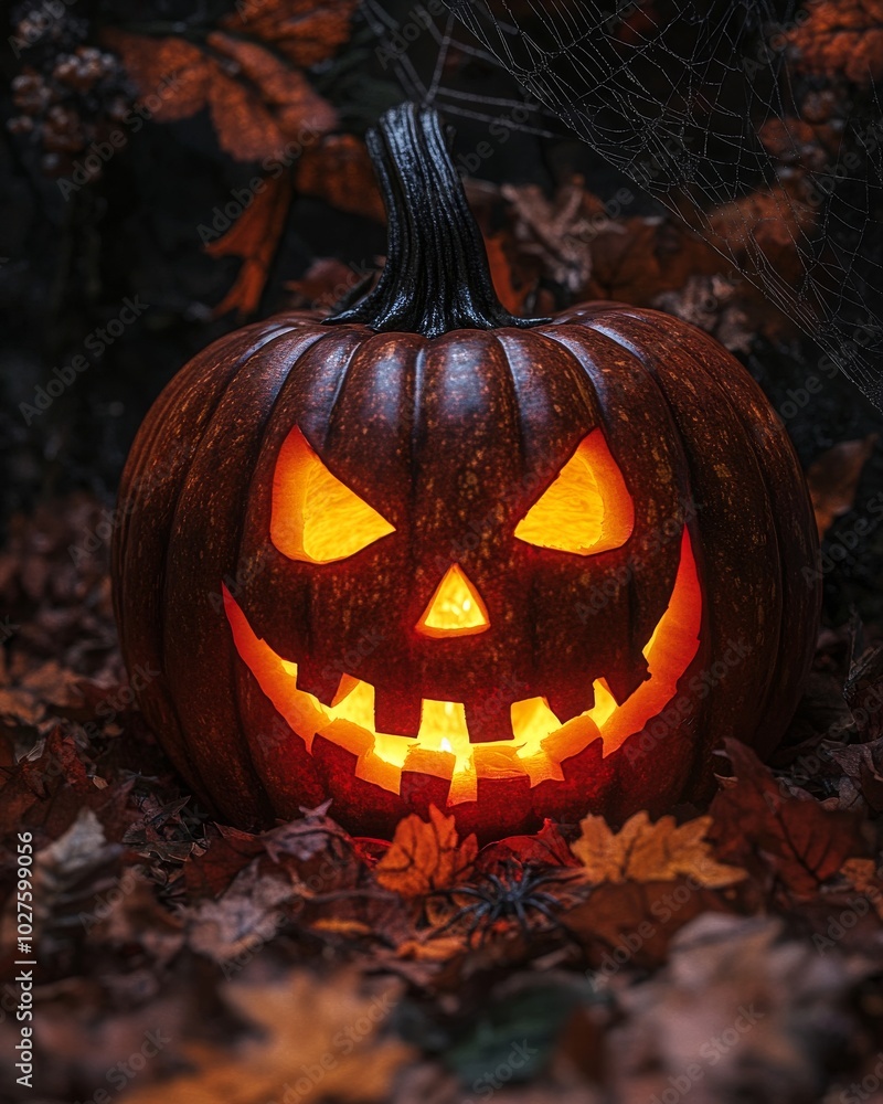 Glowing Carved Pumpkin on Autumn Leaves Glowing Carved Pumpkin on Autumn Leaves