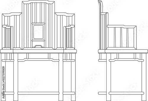 Sketch vector illustration silhouette design interior furniture wooden chair antique old classic vintage ethnic traditional chinese