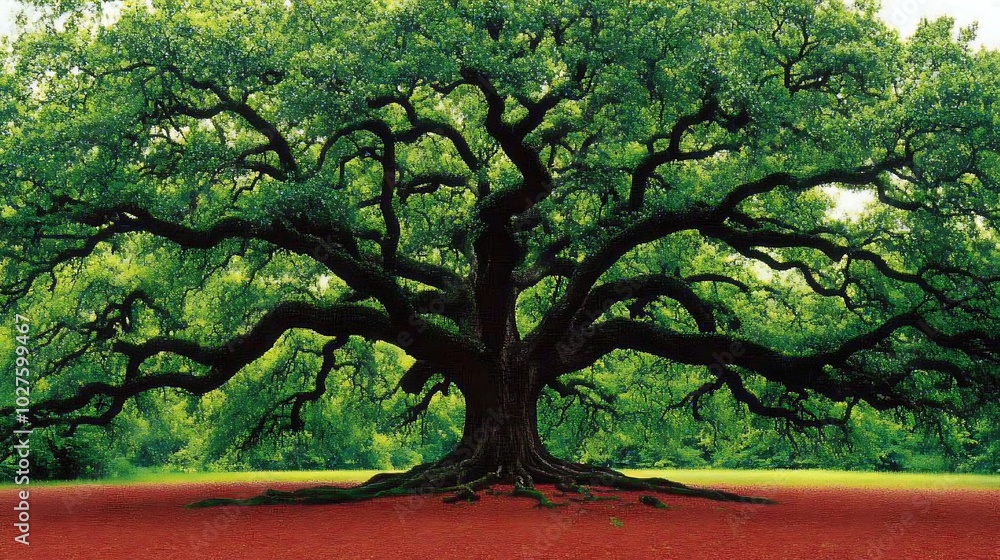 Fototapeta premium A large, ancient oak tree with thick, gnarled branches and a wide canopy. Its roots spread out over a field of red leaves.