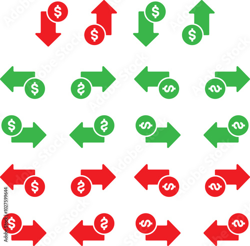 Set of cost symbol dollar increase and decrease icon. Money vector symbol isolated on background