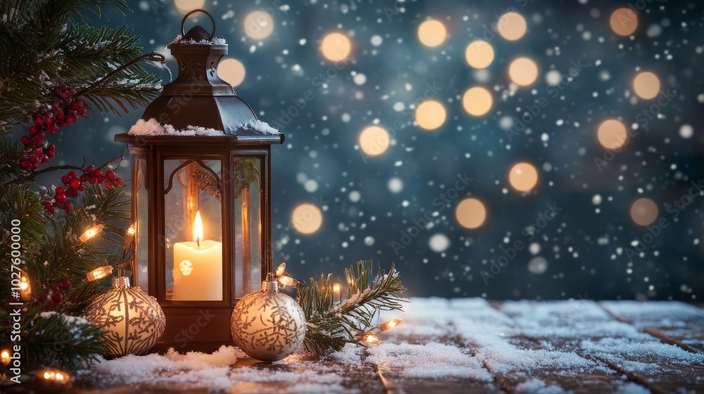 A lit candle lantern with snow-covered ornaments and fir branches sits on a rustic wooden table against a snowy bokeh background. A lit candle lantern with snow-covered ornaments and fir branches sits on a rustic wooden table against a snowy bokeh background.
